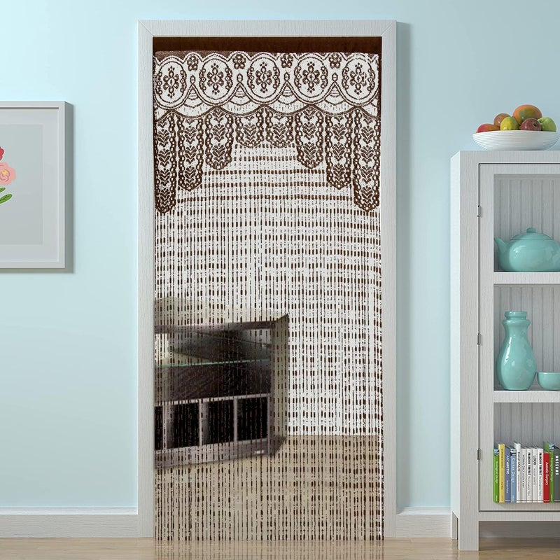 HSYLYM Lace Door Srting Curtain Warm Sheer Curtains Flat Tassel Ribbon Curtain Window Panel Room Divider Wall Decorations,Brown,90x200cm(35" Width x 79" Length) - Image 1